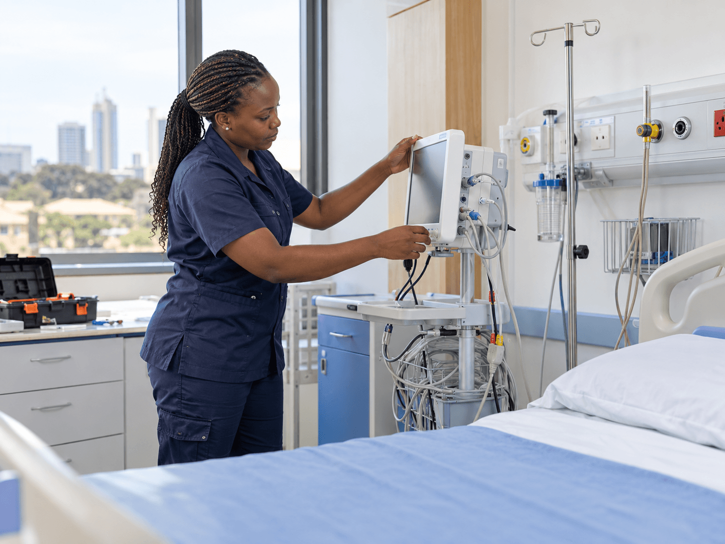 Medical equipment professional setting up monitoring equipment